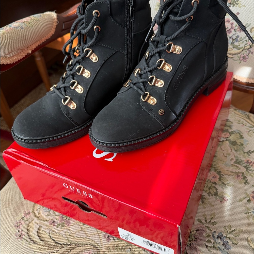 GUESS Women's Black Combat Boots with Gold Accents Size 8 EUC